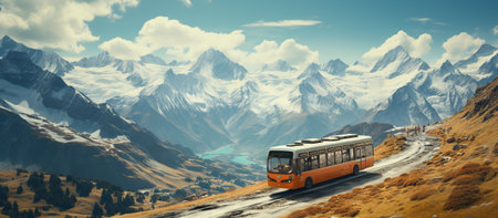 Tourist bus on the road in the mountainsの素材