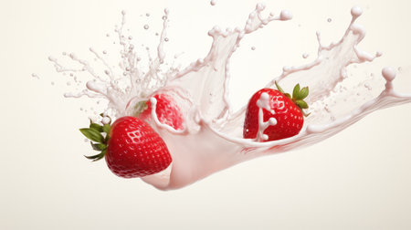 strawberries in milk splash isolated on white background. close upの素材