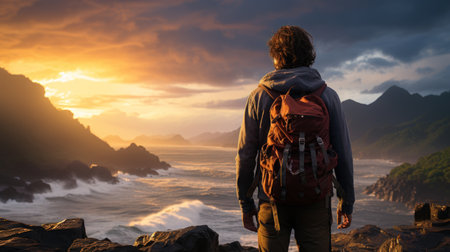 Hiking man with backpack looking at the sea on a beautiful sunsetの素材