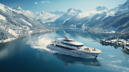 luxury yacht in a lake with mountains in the backgroundの素材