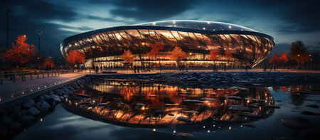 Empty soccer stadium at night with reflection in water.の素材