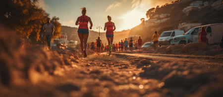 Marathon running race on beach at beautiful sunset. Healthy lifestyle.の素材
