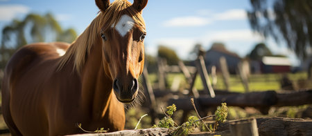 Horse behind wooden fence paddockの素材