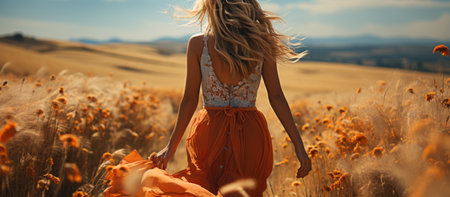 Beautiful young woman in a wheat field at sunset. A girl in a long orange dress walks through a wheat field.の素材