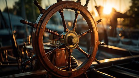 Ship steering wheel on the deck of a sailing ship at sunset.の素材