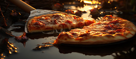 Pizza on the table in the garden at sunset. Selective focus.の素材