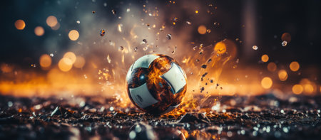 Soccer ball on the field with fire effect.の素材