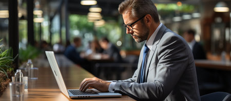 Mature businessman working on laptop computer in coffee shop. Side view of mature businessman in eyeglasses using laptop while sitting in cafe.の素材