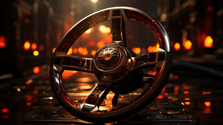 Steering wheel of a car on a dark background.の素材