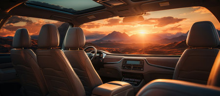 Modern car interior with leather seats, steering wheel and dashboard. Sunset over mountains.の素材