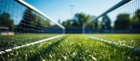 Soccer net on the green grass of a soccer field. The net is in focusの素材