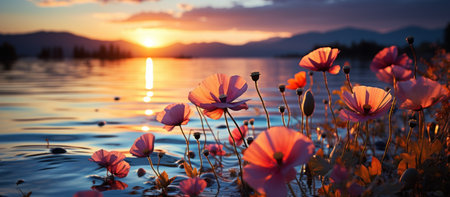 Poppies at sunset on Lakeの素材