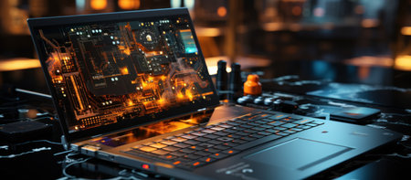 Close-up of a laptop with a circuit board.の素材