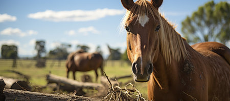 Horse behind wooden fence paddockの素材