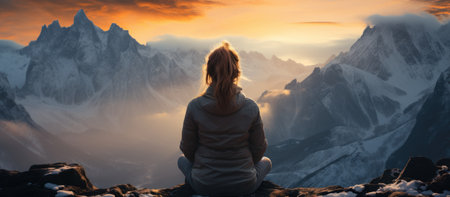 Woman sitting on the top of a mountain and looking at the sunsetの素材