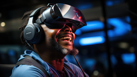 Portrait of african american man playing in virtual reality headsetの素材