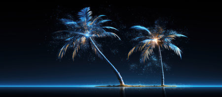 Night sky with two palm trees and fireworks.の素材