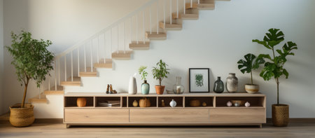 interior of modern living room with a wooden shelf, plants and stairsの素材