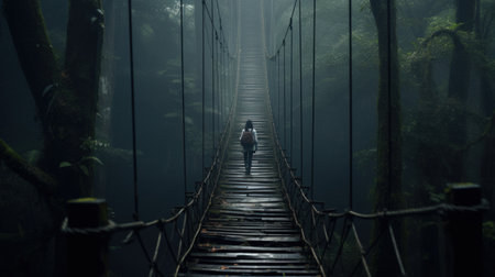Woman walking on the suspension bridge in the rain forest.の素材