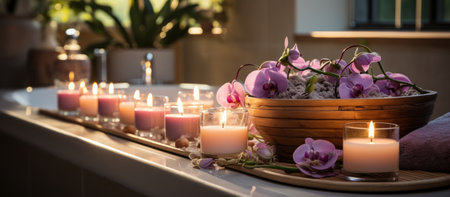 Spa still life with burning candles and orchids in a bowlの素材