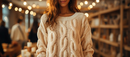 cropped view of young woman in white sweater standing in cafe, blurred backgroundの素材