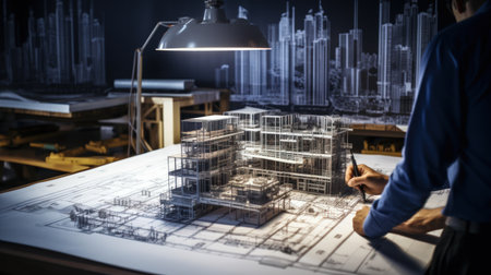 Architect working on blueprint in office. Mixed media. Mixed mediaの素材