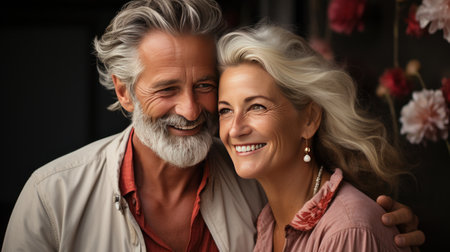 Portrait of happy senior couple embracing and looking at camera on blackの素材