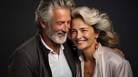 Portrait of a happy senior couple on a dark background. The man and the woman are laughing.の素材