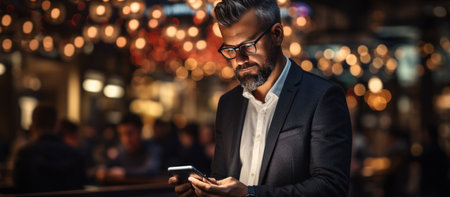 Businessman using mobile phone in the city at night. Business concept.の素材