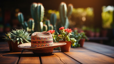 Mexican hat and cactus on a wooden table in the gardenの素材