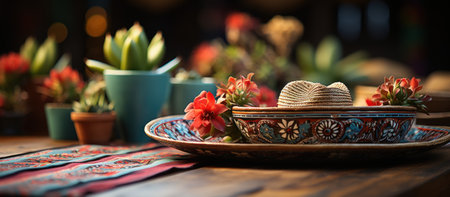Traditional mexican sombrero hat on wooden table in restaurantの素材