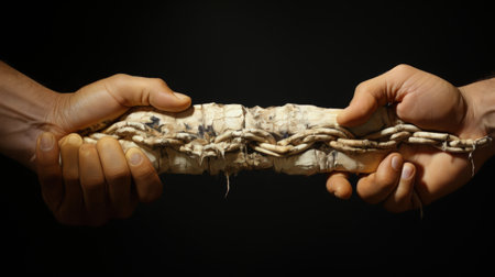Hands holding a piece of birch bark on a black backgroundの素材
