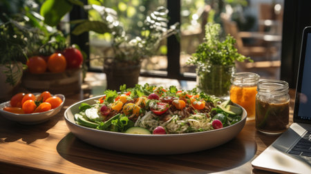 Plate of fresh salad with tomatoes, mozzarella cheese and herbsの素材