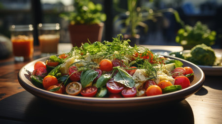 Healthy salad with avocado, tomato, cucumber and lettuce on a wooden tableの素材