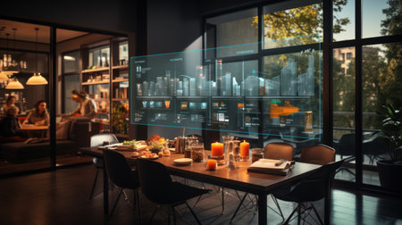 interior of modern restaurant with virtual screen interface.の素材