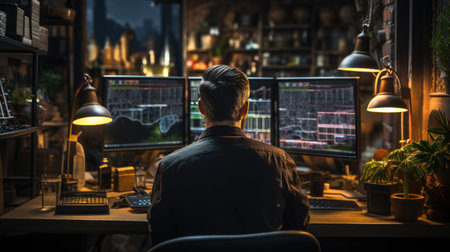 Side view of young businessman working on laptop in the coffee shop.の素材