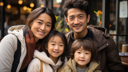 portrait of smiling asian family looking at camera in coffee shopの素材