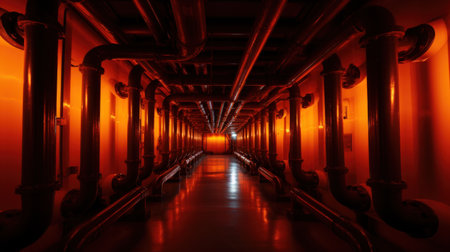 industrial interior with pipes and lights at nightの素材