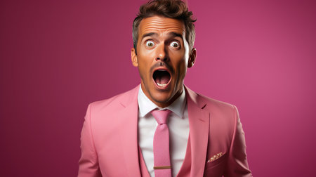 portrait scared man on pink backgroundの素材