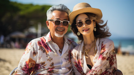 Portrait of happy senior couple in sunglasses sitting on bench on beachの素材
