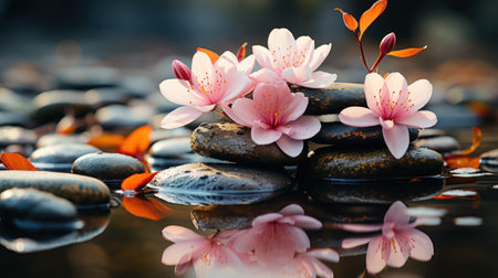 pile of zen stones with flowers on water, closeupの素材
