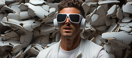 Portrait of a handsome man wearing white sunglasses and headphones against cracked wallの素材