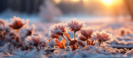 Beautiful winter landscape. Flowers in hoarfrost at sunset.の素材