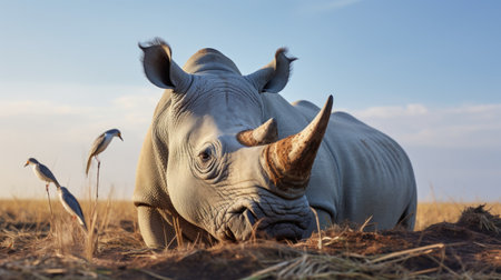 White rhinoceros (Ceratotherium simum) in the savannahの素材