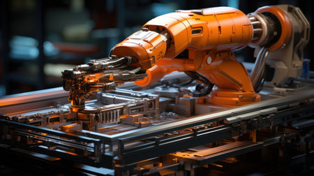 3d rendering robotic arm working on assembly line in factory. Smart industry 4.0 conceptの素材