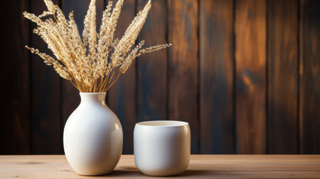 Ceramic vase with dried flowers on wooden table in roomの素材