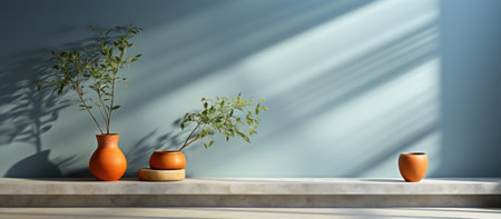 Interior of living room with wooden shelf, lamp and plant.の素材