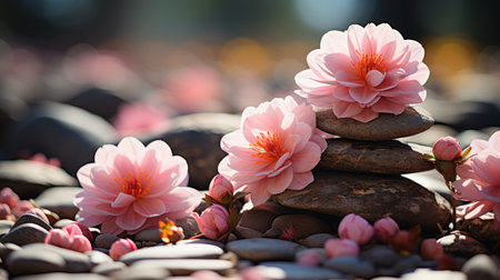 Japanese cherry blossoms on zen stones, shallow depth of fieldの素材