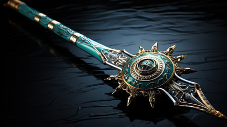 Medieval sword on black background. 3d illustration. Vintage style.の素材