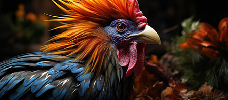 Close-up portrait of a rooster on a black background.の素材